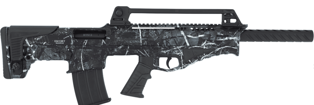 Schwarz-weiße Schusswaffe mit Zubehör