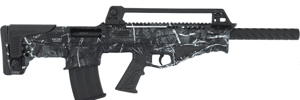 Schwarz-weiße Schusswaffe mit Zubehör